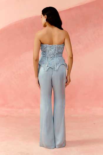 Shop_Label Moni K_Blue Lace, Organza, Satin Embroidery, Kaleido Work Corset And Trouser Set _at_Aza_Fashions
