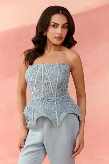 Label Moni K_Blue Lace, Organza, Satin Embroidery, Kaleido Work Corset And Trouser Set _Online_at_Aza_Fashions