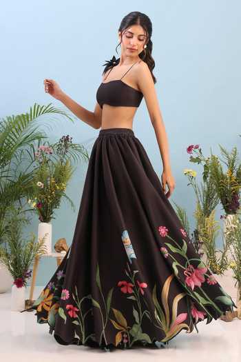 Buy_Ozeqo_Black Lycra, Neoprene Bandeau Neck Margaret Printed Skirt Set _at_Aza_Fashions