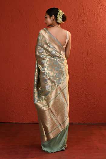 Shop_Vishwa By Pinki Sinha_Green Silk Handwoven Saree With Running Blouse _at_Aza_Fashions