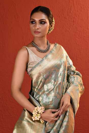 Buy_Vishwa By Pinki Sinha_Green Silk Handwoven Saree With Running Blouse _Online_at_Aza_Fashions
