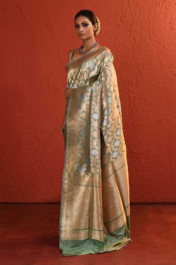 Shop_Vishwa By Pinki Sinha_Green Silk Handwoven Saree With Running Blouse _Online_at_Aza_Fashions