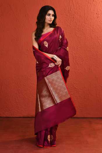 Vishwa By Pinki Sinha_Maroon Silk Resham Zari Woven Saree With Running Blouse _Online_at_Aza_Fashions