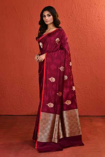 Buy_Vishwa By Pinki Sinha_Maroon Silk Resham Zari Woven Saree With Running Blouse _Online_at_Aza_Fashions