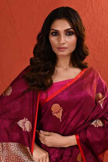 Shop_Vishwa By Pinki Sinha_Maroon Silk Resham Zari Woven Saree With Running Blouse _Online_at_Aza_Fashions