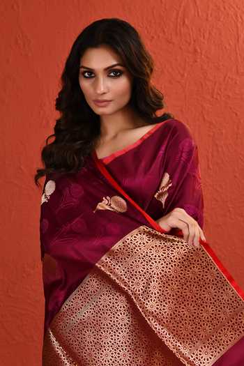 Buy_Vishwa By Pinki Sinha_Maroon Silk Resham Zari Woven Saree With Running Blouse 