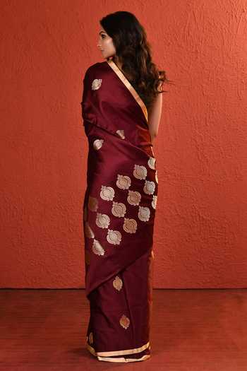 Shop_Vishwa By Pinki Sinha_Maroon Silk Mashru Saree With Running Blouse _at_Aza_Fashions