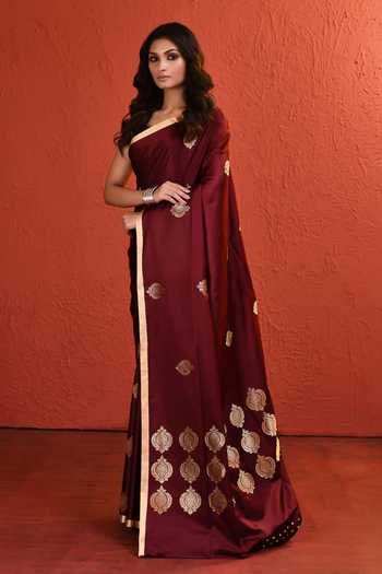 Buy_Vishwa By Pinki Sinha_Maroon Silk Mashru Saree With Running Blouse _Online_at_Aza_Fashions