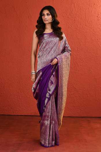 Buy_Vishwa By Pinki Sinha_Purple Silk Brocade Saree With Running Blouse _Online_at_Aza_Fashions