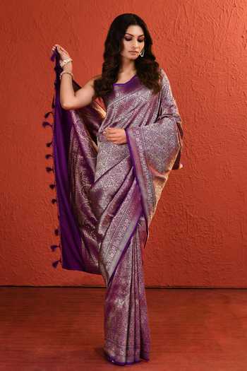 Shop_Vishwa By Pinki Sinha_Purple Silk Brocade Saree With Running Blouse _Online_at_Aza_Fashions