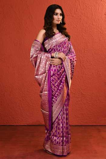 Buy_Vishwa By Pinki Sinha_Purple Silk Jaal Woven Saree With Running Blouse _Online_at_Aza_Fashions