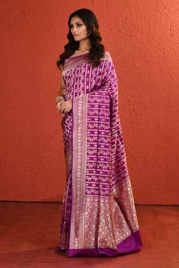 Shop_Vishwa By Pinki Sinha_Purple Silk Jaal Woven Saree With Running Blouse _Online_at_Aza_Fashions