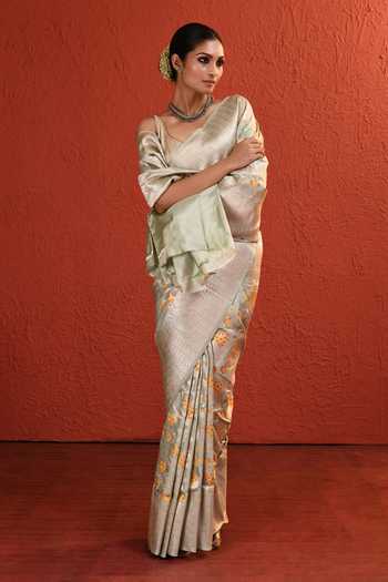 Buy_Vishwa By Pinki Sinha_Green Silk Floral Bloom Saree With Running Blouse _Online_at_Aza_Fashions