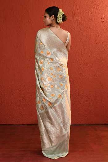 Shop_Vishwa By Pinki Sinha_Green Silk Floral Bloom Saree With Running Blouse _at_Aza_Fashions