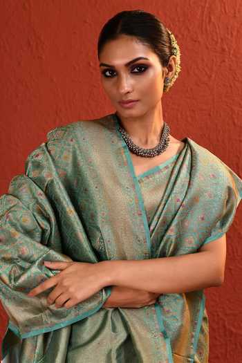 Vishwa By Pinki Sinha_Blue Silk Meenakari Brocade Saree With Running Blouse _Online_at_Aza_Fashions
