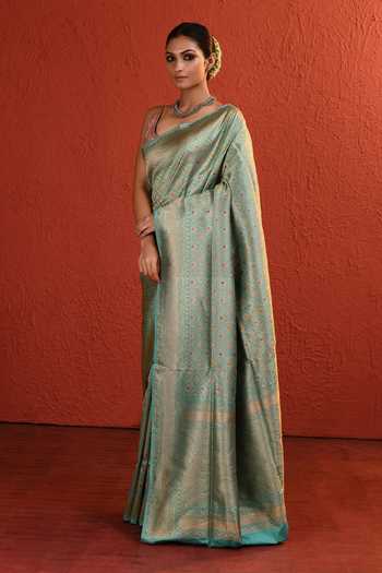 Shop_Vishwa By Pinki Sinha_Blue Silk Meenakari Brocade Saree With Running Blouse _Online_at_Aza_Fashions