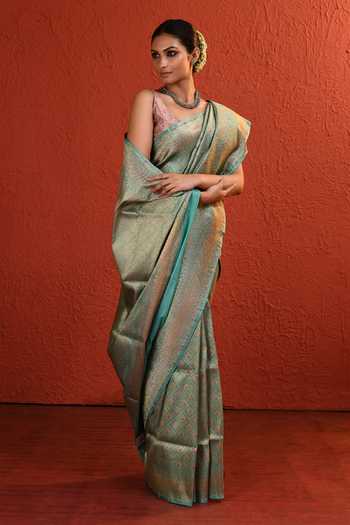 Vishwa By Pinki Sinha_Blue Silk Meenakari Brocade Saree With Running Blouse _at_Aza_Fashions