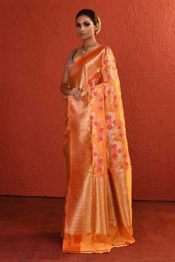 Buy_Vishwa By Pinki Sinha_Orange Silk Jaal Handwoven Saree With Running Blouse _Online_at_Aza_Fashions