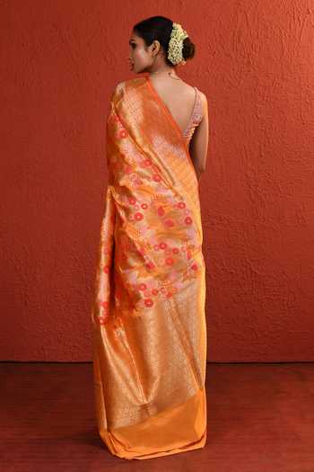 Shop_Vishwa By Pinki Sinha_Orange Silk Jaal Handwoven Saree With Running Blouse _at_Aza_Fashions