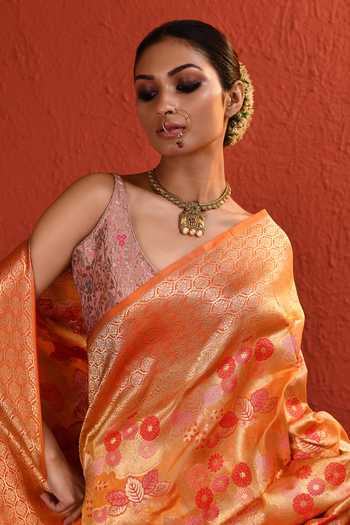 Shop_Vishwa By Pinki Sinha_Orange Silk Jaal Handwoven Saree With Running Blouse _Online_at_Aza_Fashions