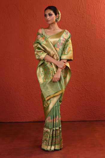 Vishwa By Pinki Sinha_Green Silk Forest Handwoven Saree With Running Blouse _Online_at_Aza_Fashions