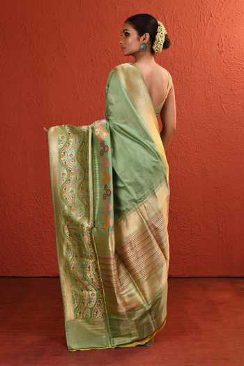 Shop_Vishwa By Pinki Sinha_Green Silk Forest Handwoven Saree With Running Blouse _at_Aza_Fashions