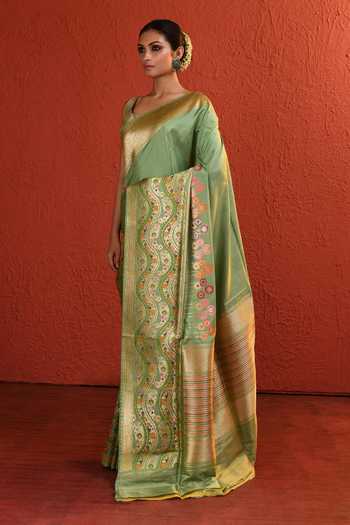 Buy_Vishwa By Pinki Sinha_Green Silk Forest Handwoven Saree With Running Blouse _Online_at_Aza_Fashions