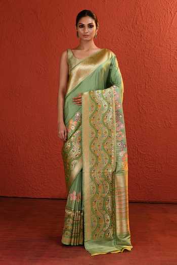 Buy_Vishwa By Pinki Sinha_Green Silk Forest Handwoven Saree With Running Blouse _at_Aza_Fashions
