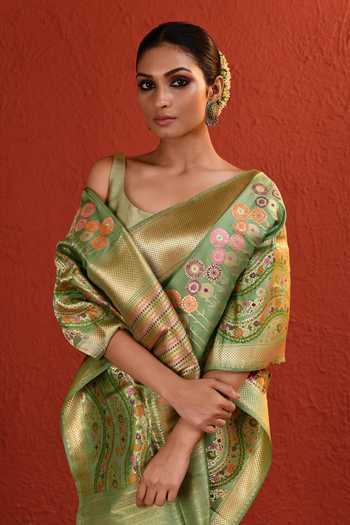 Shop_Vishwa By Pinki Sinha_Green Silk Forest Handwoven Saree With Running Blouse _Online_at_Aza_Fashions