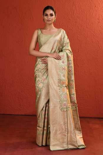 Buy_Vishwa By Pinki Sinha_Green Silk Handwoven Saree With Running Blouse _at_Aza_Fashions