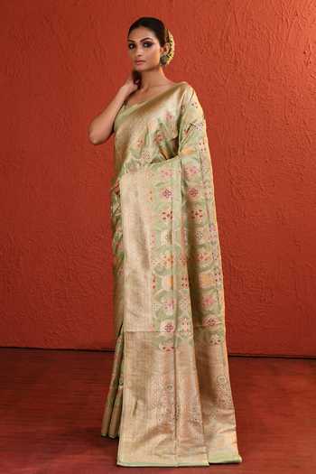 Buy_Vishwa By Pinki Sinha_Green Silk Handwoven Saree With Running Blouse 