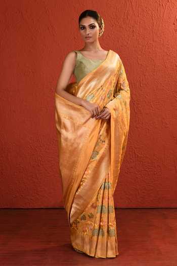 Buy_Vishwa By Pinki Sinha_Orange Silk Meenakari Floral Saree With Running Blouse _Online_at_Aza_Fashions