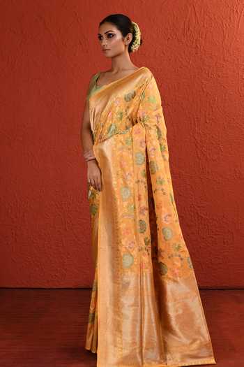 Shop_Vishwa By Pinki Sinha_Orange Silk Meenakari Floral Saree With Running Blouse 