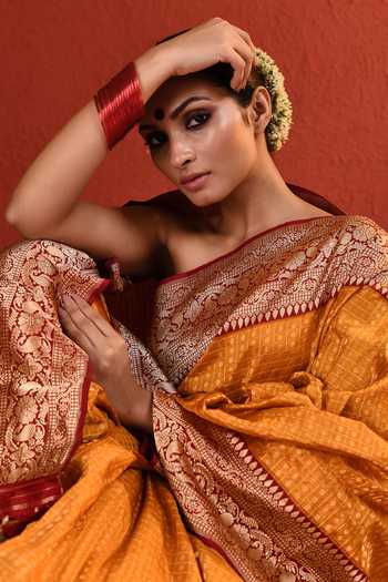 Buy_Vishwa By Pinki Sinha_Yellow Silk Checkered Woven Saree With Running Blouse _Online_at_Aza_Fashions