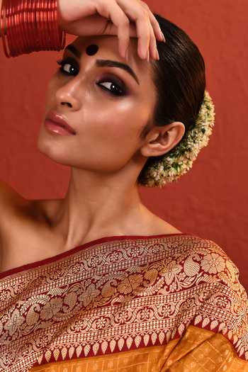 Shop_Vishwa By Pinki Sinha_Yellow Silk Checkered Woven Saree With Running Blouse _Online_at_Aza_Fashions