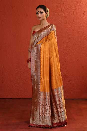 Buy_Vishwa By Pinki Sinha_Yellow Silk Checkered Woven Saree With Running Blouse 