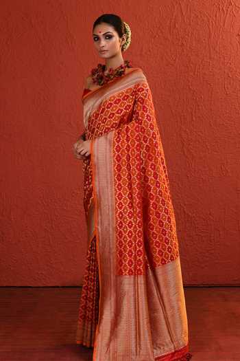 Buy_Vishwa By Pinki Sinha_Red Silk Rangkaat Woven Saree With Running Blouse _Online_at_Aza_Fashions