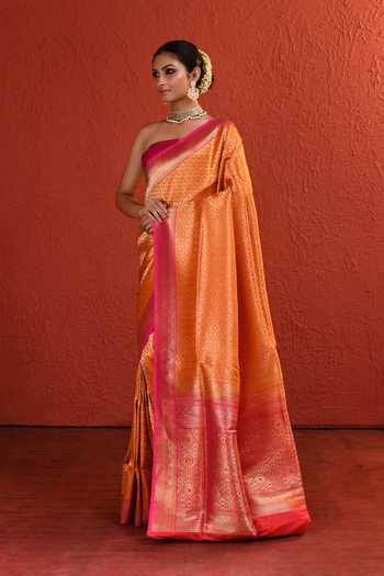 Buy_Vishwa By Pinki Sinha_Orange Silk Brocade Woven Saree With Running Blouse _Online_at_Aza_Fashions
