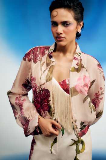 Shriya Som_Pink Organza Mandarin Collar Passion Bomber Printed Jacket _Online_at_Aza_Fashions