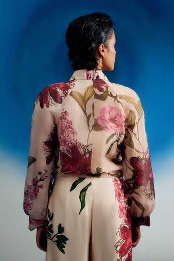 Shop_Shriya Som_Pink Organza Mandarin Collar Passion Bomber Printed Jacket _at_Aza_Fashions