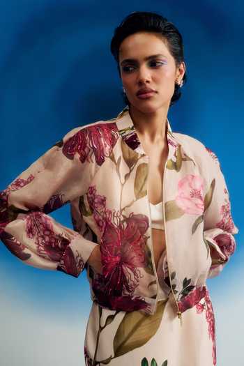 Buy_Shriya Som_Pink Organza Mandarin Collar Passion Bomber Printed Jacket _Online_at_Aza_Fashions