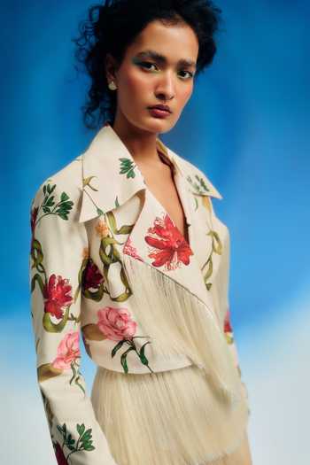 Shriya Som_Ivory Cotton Open Neck Fringe Biker Jacket _Online_at_Aza_Fashions