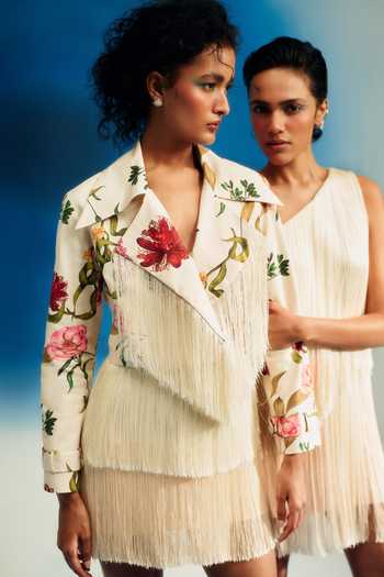 Buy_Shriya Som_Ivory Silk, Crepe Fringe Mini Skirt _Online_at_Aza_Fashions