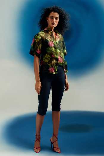 Shriya Som_Green Organza Collared Neck Printed Shirt _Online_at_Aza_Fashions