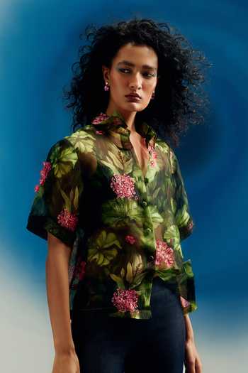 Buy_Shriya Som_Green Organza Collared Neck Printed Shirt _Online_at_Aza_Fashions