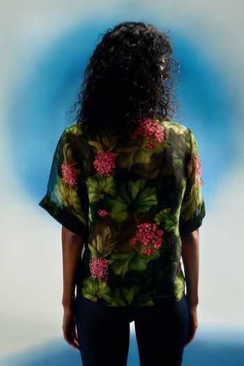 Shop_Shriya Som_Green Organza Collared Neck Printed Shirt _at_Aza_Fashions