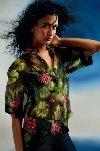 Buy_Shriya Som_Green Organza Collared Neck Printed Shirt _at_Aza_Fashions