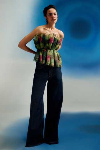 Shriya Som_Green Organza Bandeau Neck Printed Cabbage Top _Online_at_Aza_Fashions