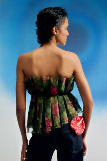 Shop_Shriya Som_Green Organza Bandeau Neck Printed Cabbage Top _at_Aza_Fashions