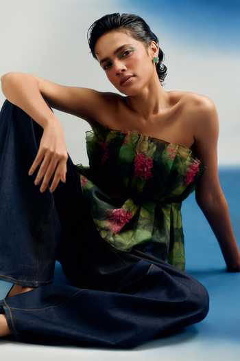 Buy_Shriya Som_Green Organza Bandeau Neck Printed Cabbage Top _Online_at_Aza_Fashions